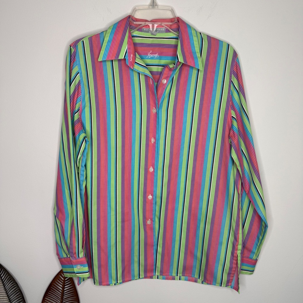Foxcroft Womens Multi Color Rainbow Stripe Wrinkle Free Button Down Shirt Sz 8